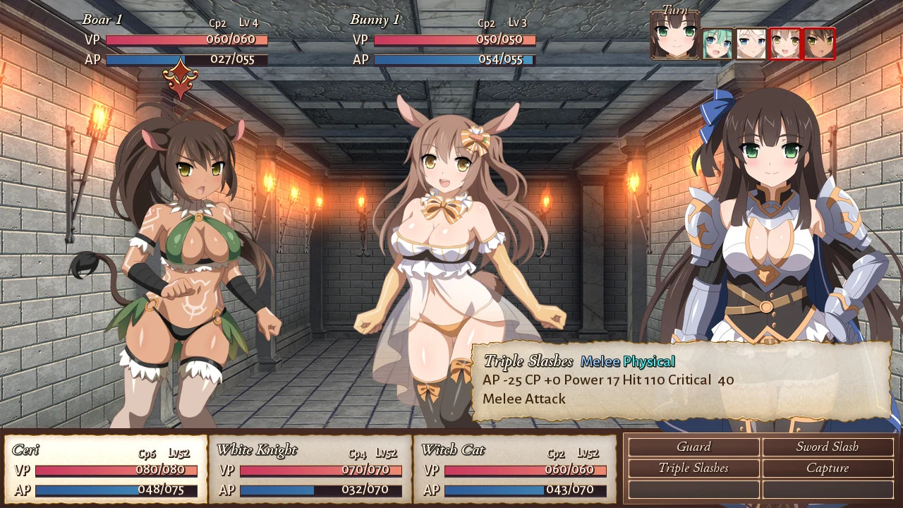 Sakura Dungeon’s battle screen shows two scantily dressed monster women, an armoured knight and combat commands.