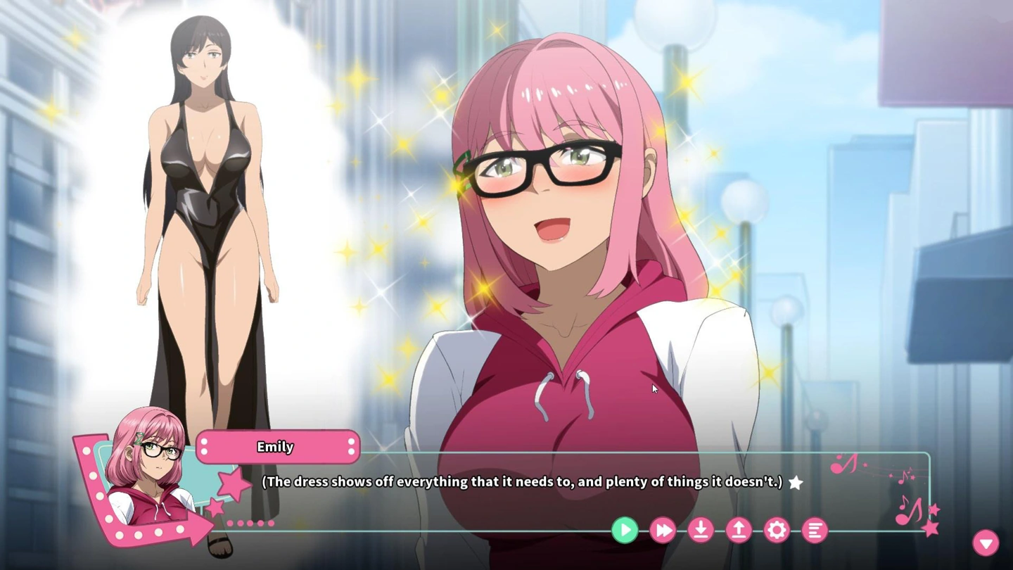 A smiling pink-haired woman in glasses stands before a dark-haired woman in a black dress, sparkles and visual-novel menu buttons.