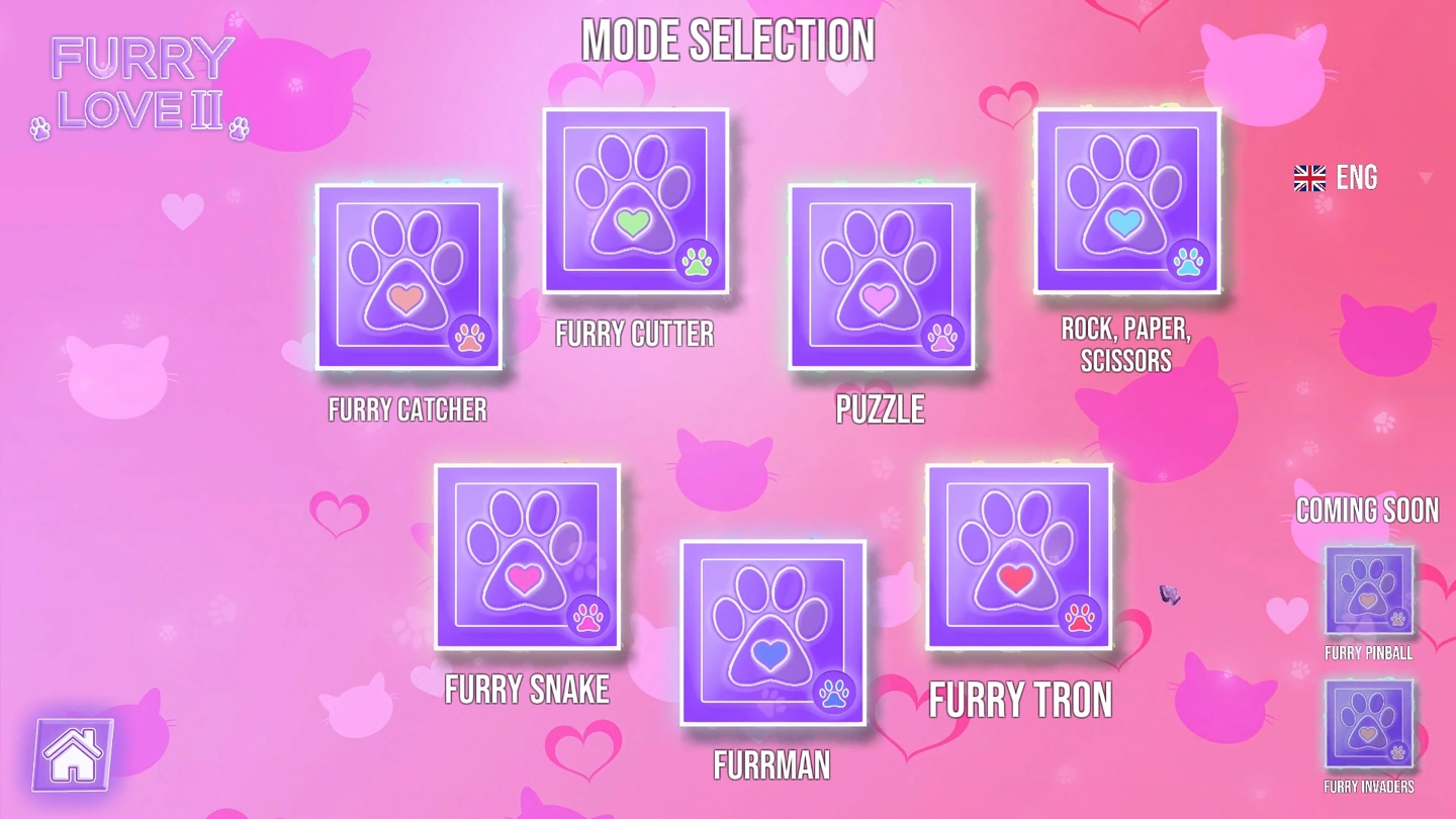 Um menu rosa antigo de modos mostra sete modos e botões «Em breve» para Pinball e Invaders.