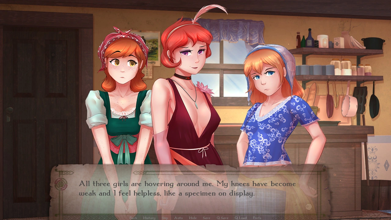 Three fully covered illustrated women stand together in a kitchen behind an ordinary narrative dialogue box.