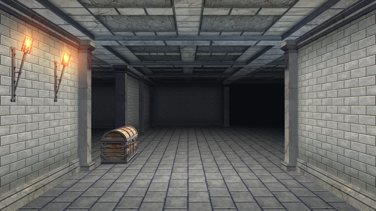 Eine Schatztruhe in einem Dungeon-Raum.