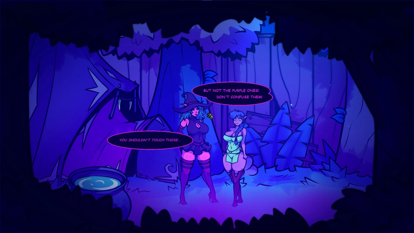 The heroine and a witch in revealing fantasy outfits, exchanging instructions beside a forest cauldron.