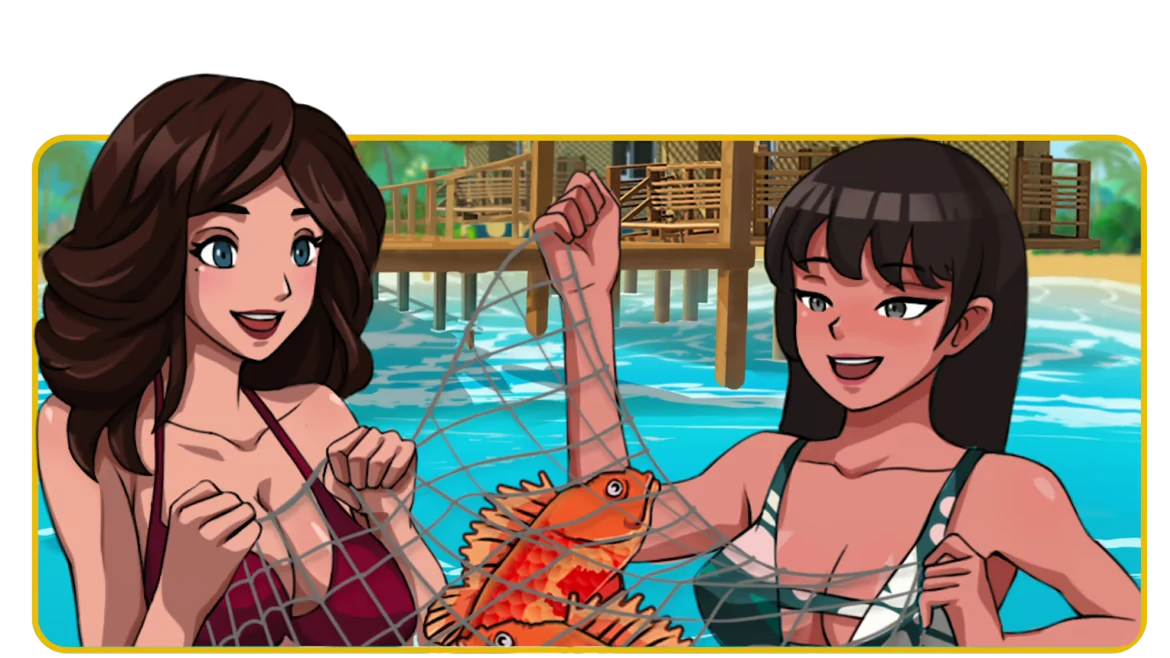 Deux femmes adultes dessinées, en maillot de bain, tiennent un filet de pêche près des bâtiments de l’île.