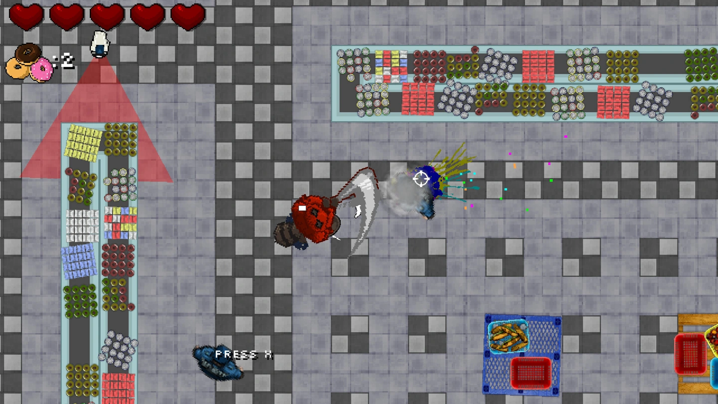 Hoodie swinging an axe at a grocery-store enemy, with health hearts and two collected donuts shown.