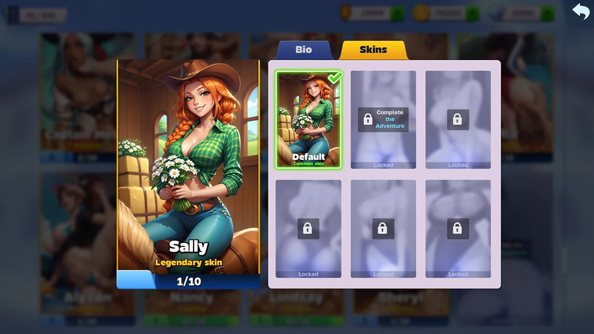 Il guardaroba del personaggio mostra Sally con una camicetta verde e jeans blu, accanto agli slot delle skin disponibili.