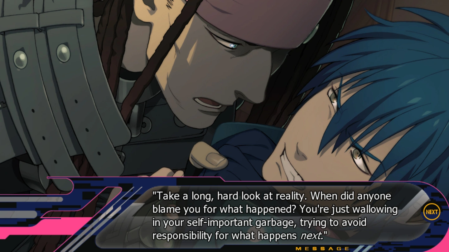 Mink holds Aoba by his collar in a tense close-up above confrontational dialogue.