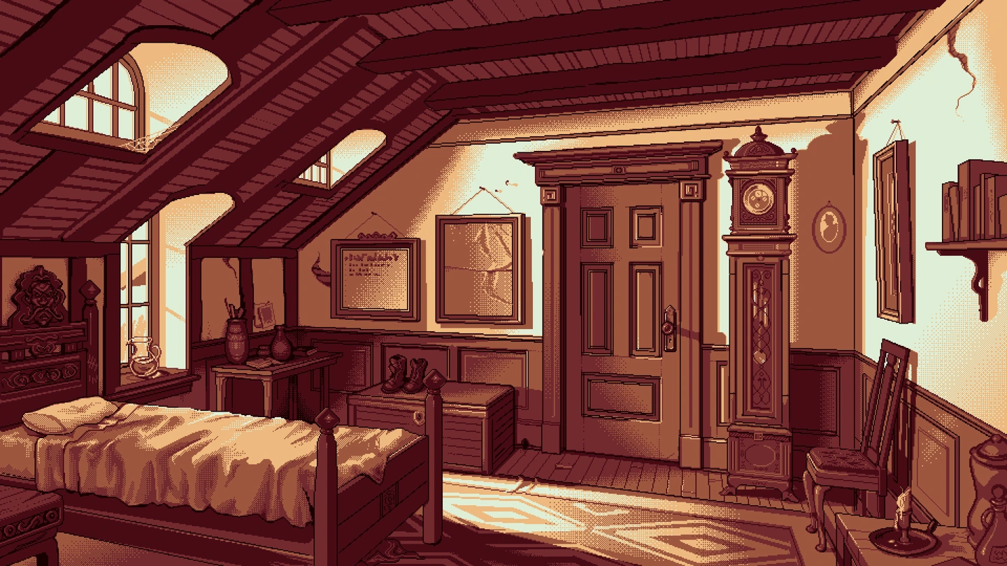 An empty sunlit attic bedroom contains a wooden bed, clock, boots, books and framed wall pictures.