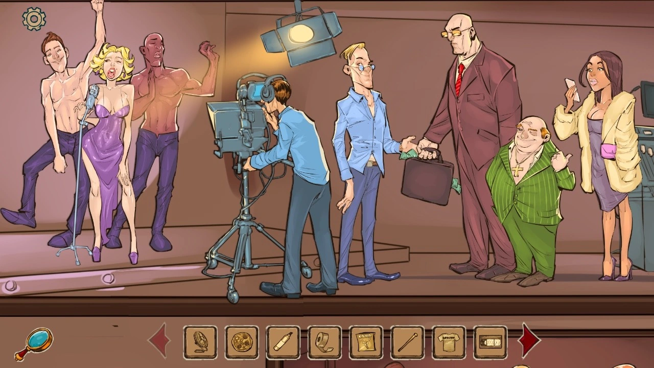 Studio cinematografico a fumetti con una cantante, ballerini, un operatore di ripresa e vari personaggi sopra un vassoio di oggetti.