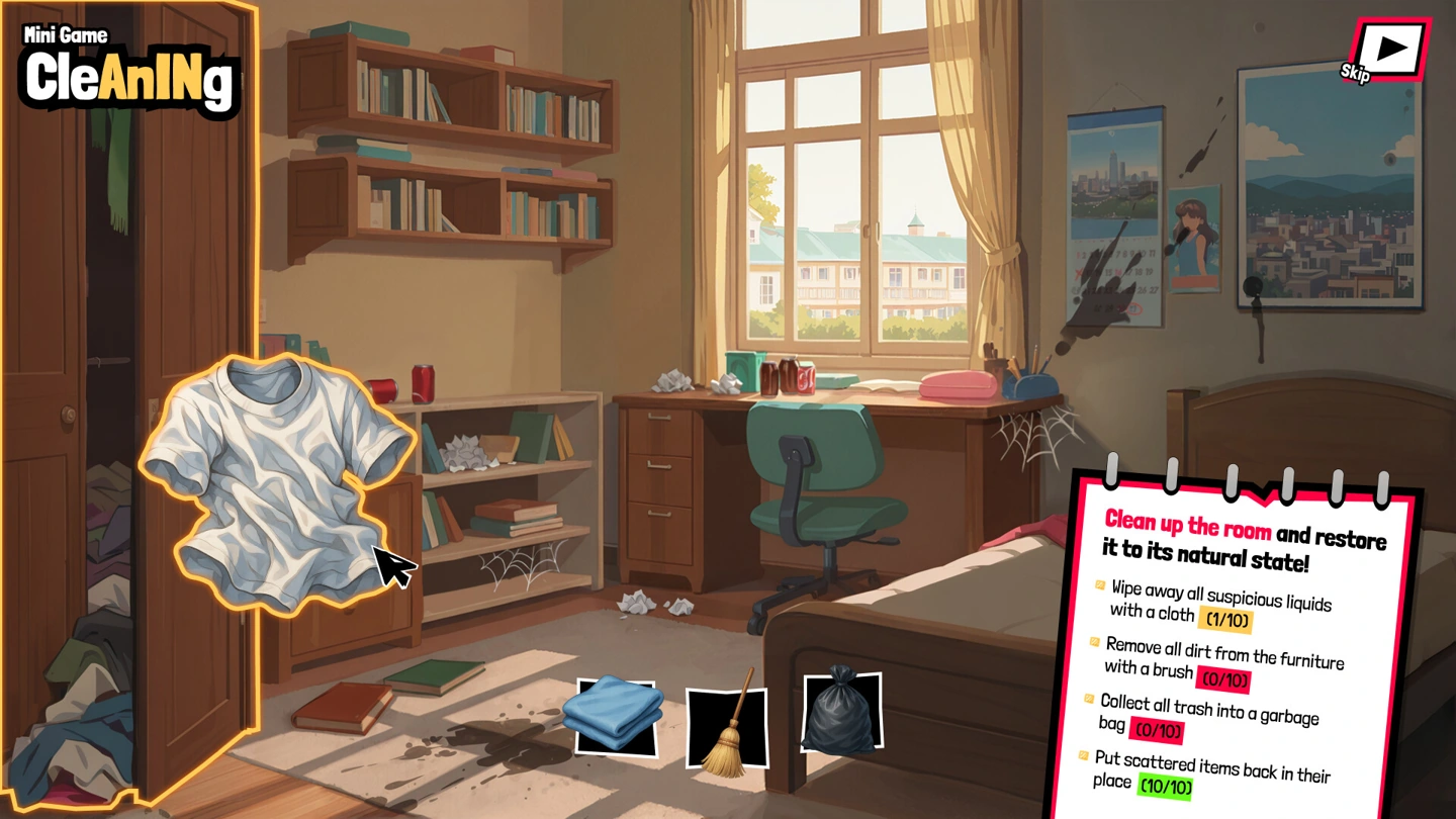 The bedroom-cleaning minigame shows a highlighted shirt, cloth, brush, rubbish bag and task counters.