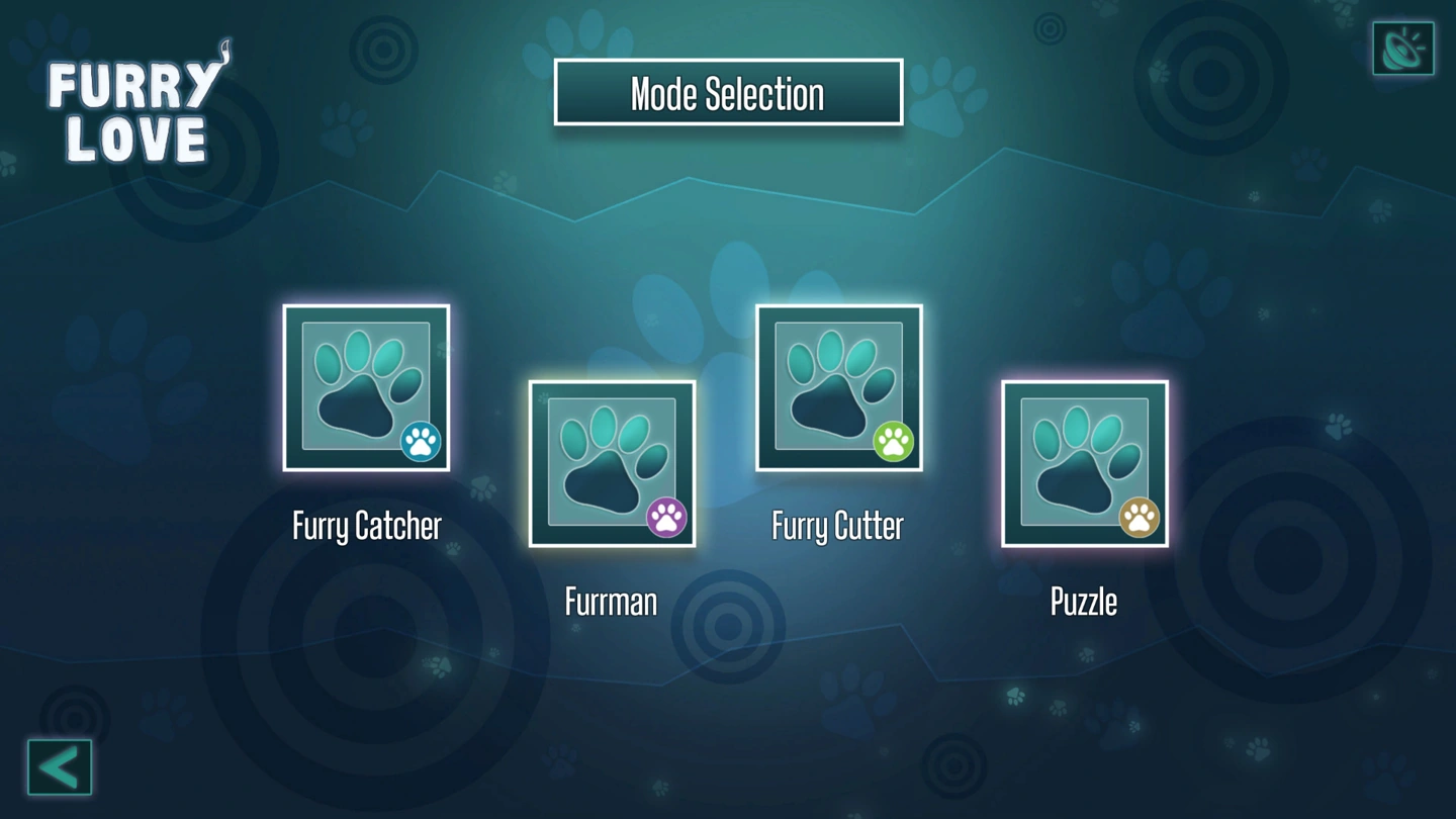 Un ancien écran de sélection des modes affiche les boutons Catcher, Furrman, Cutter et Puzzle.