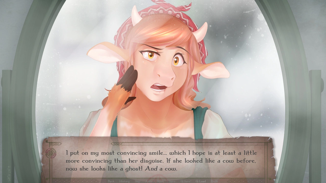 Covered Marion, with bovine ears and horns, touches her cheek with a hoof-like hand in a worried close-up.