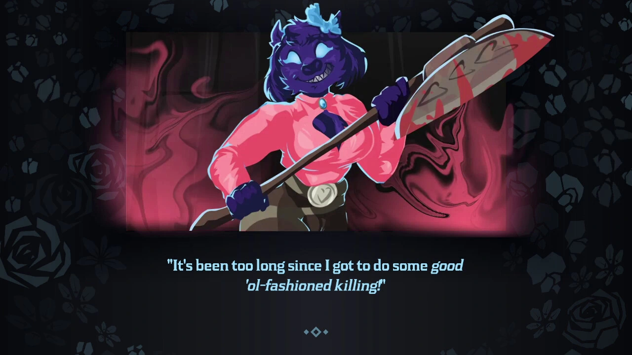 Sweet Pea in a pink blouse, grinning and carrying a blood-marked axe.