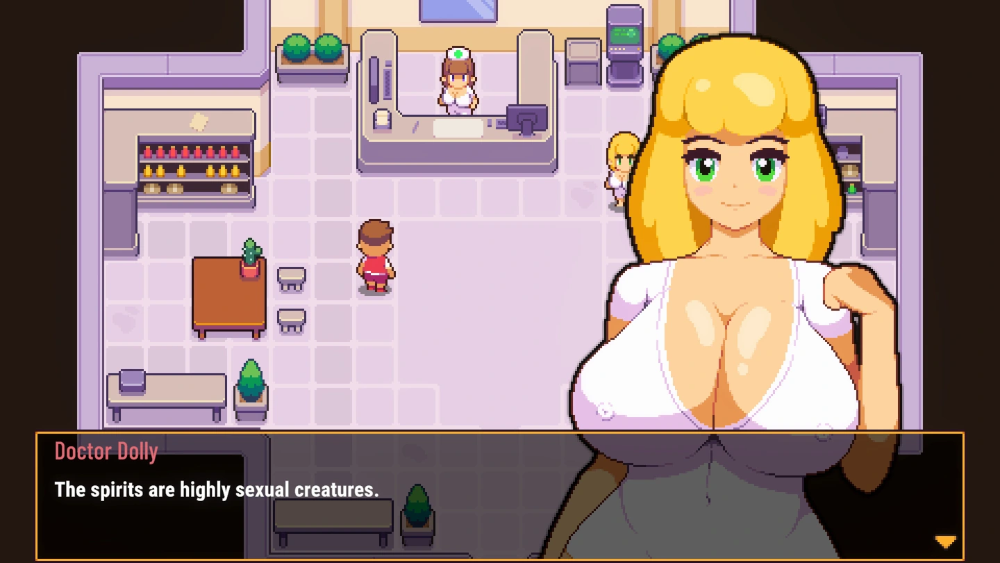 Doctor Dolly parla all'interno di una clinica in pixel art.