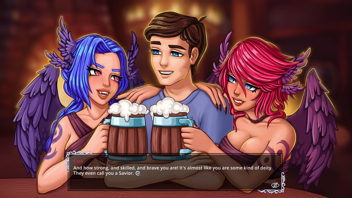 Deux harpies et le protagoniste partagent des boissons mousseuses lors d’une conversation au bar.