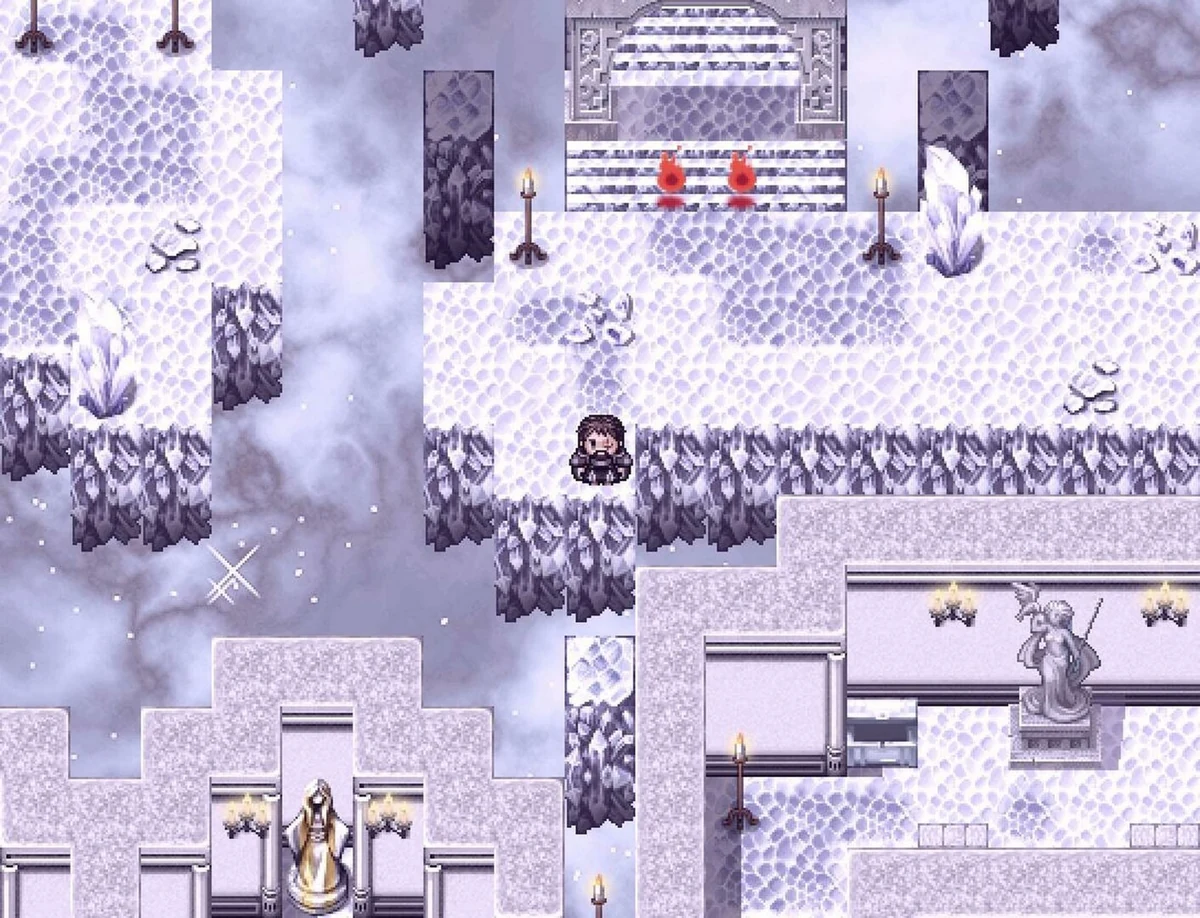 El grupo explora un asentamiento de montaña nevado.