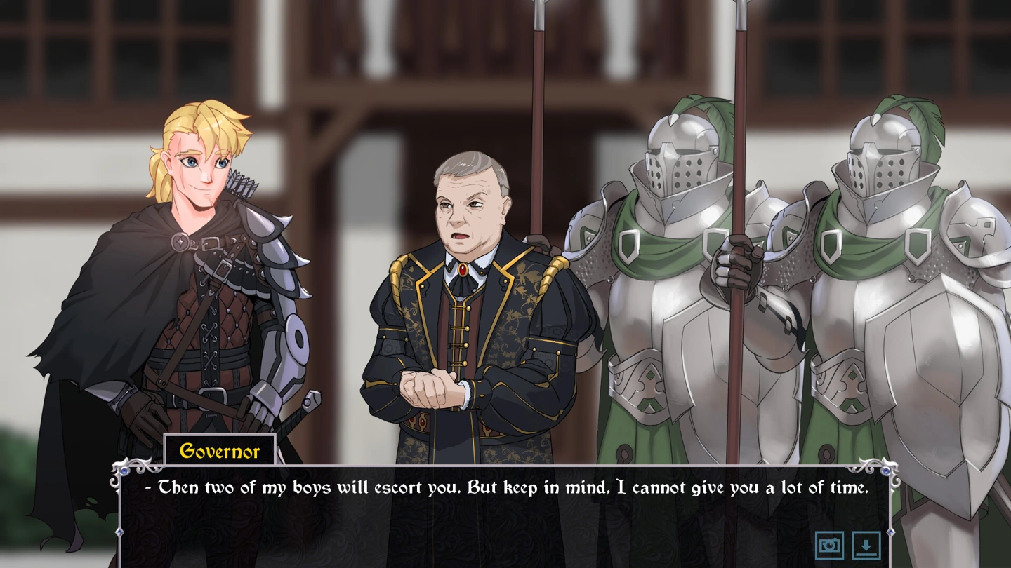 The hunter speaks to the Governor beside two armored guards about a limited-time escort.