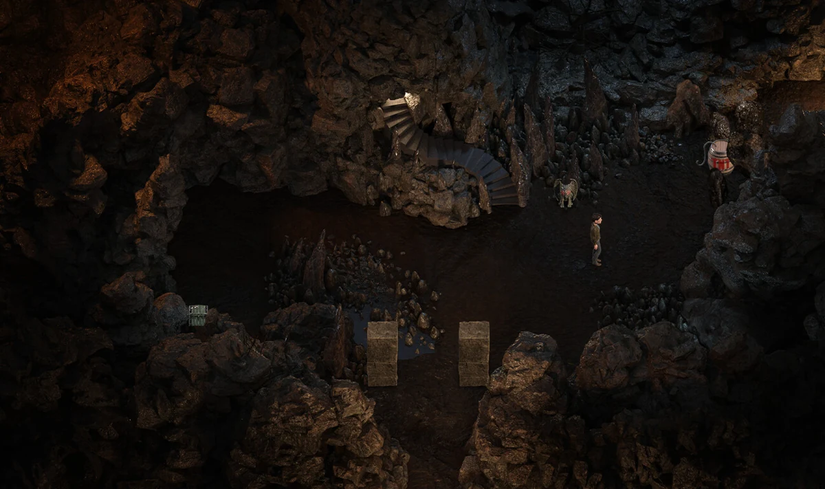 O jogador explora uma caverna escura em pixel art.