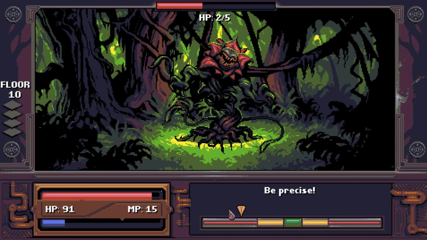 The combat interface faces a green plant monster on floor ten, with health, mana and a timing bar.