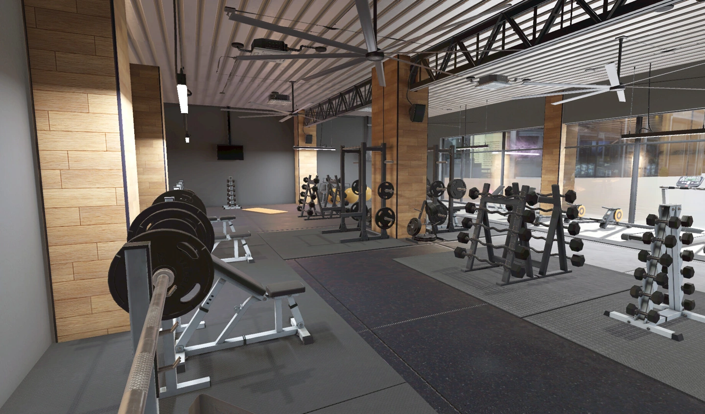 Une salle de sport vide contient des bancs, des haltères, des supports de rangement, des miroirs et de grandes fenêtres.