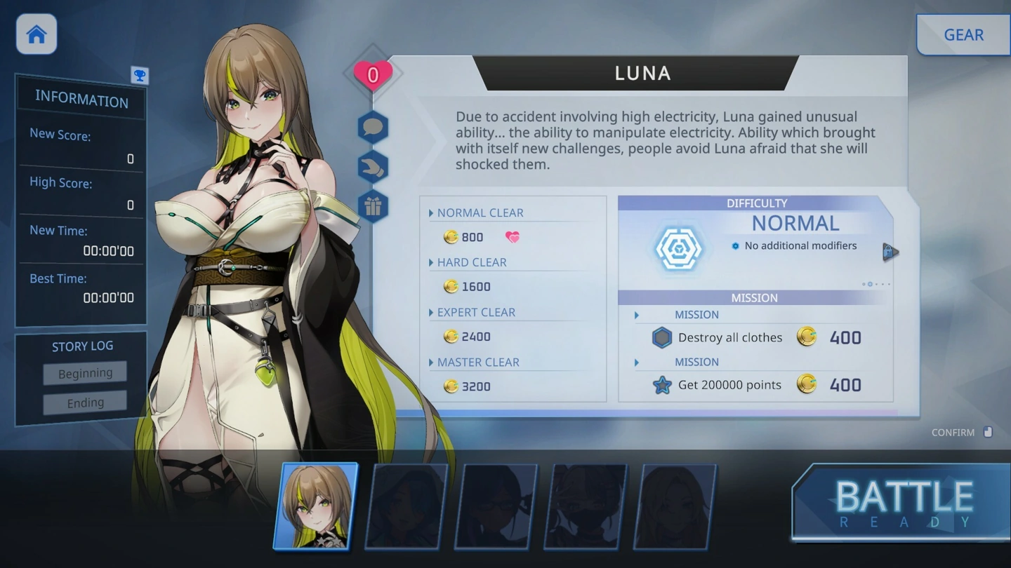 Luna appears clothed beside her character description, mission rewards and battle preparation controls.