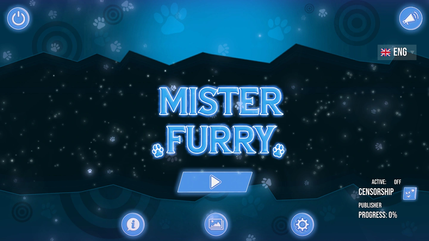 Menu iniziale di Mister Furry con comandi per giocare, aprire la galleria, accedere alle impostazioni e gestire la censura.