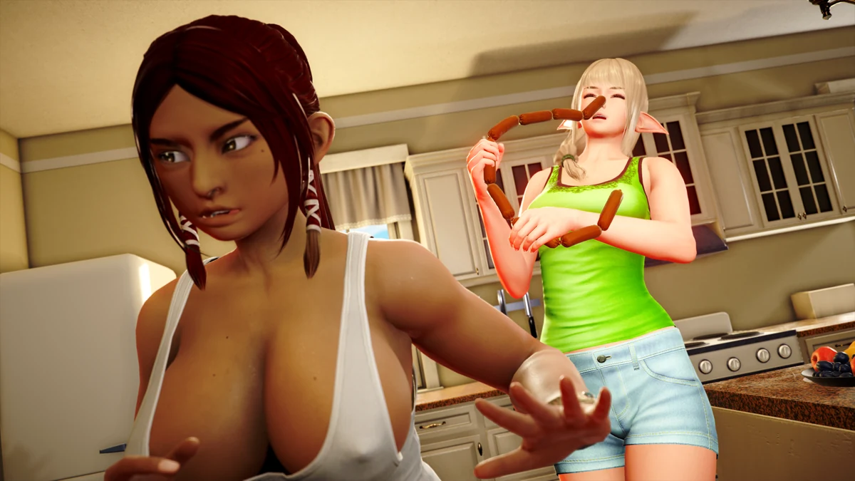 Due personaggi vestiti parlano mentre preparano da mangiare in cucina.