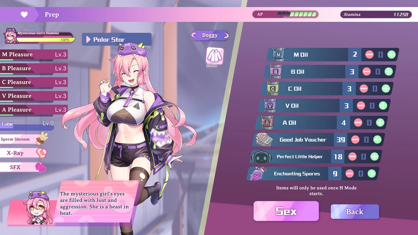 O menu de preparação mostra Poochi Q vestida ao lado da resistência, dos níveis de prazer e dos suprimentos selecionáveis.