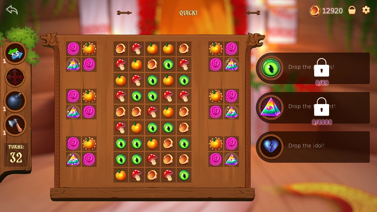 A match-three board displays colored pieces, objectives and locked targets.