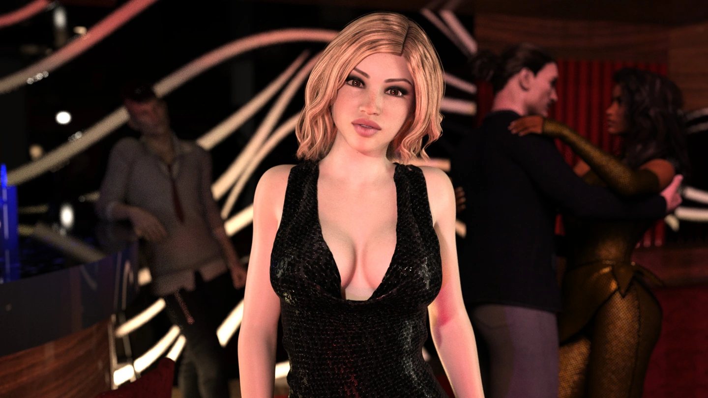 Eine blonde Frau in einem schwarzen Kleid in einem belebten Nachtclub.