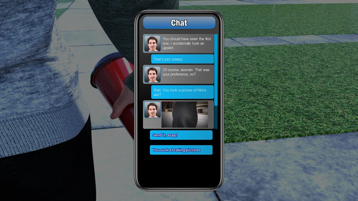 A phone chat discussing a photograph of Kira, with two reply choices.