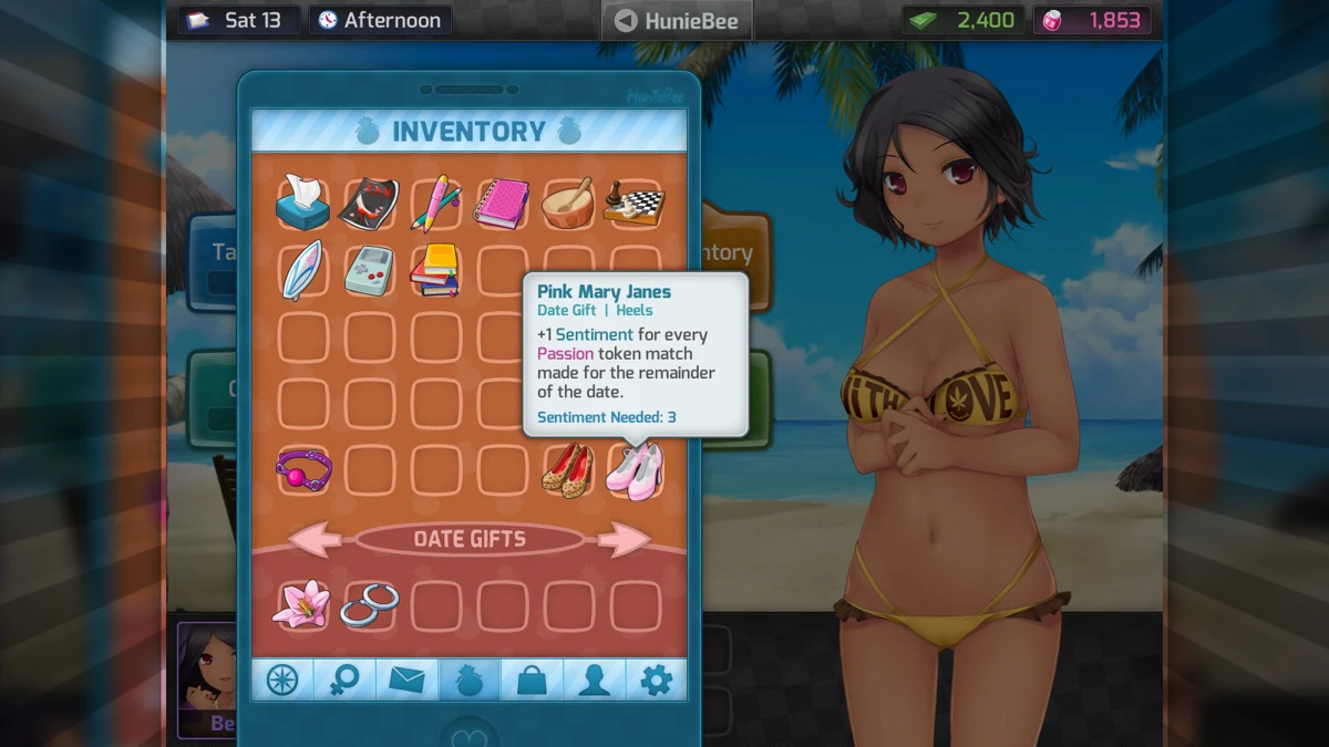 HuniePop’s inventory and gift menu appears beside a dark-haired woman in a yellow bikini.
