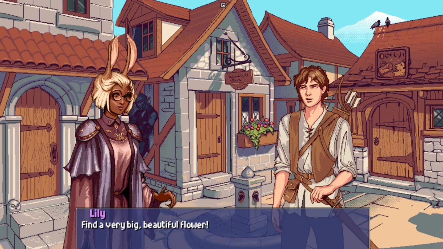 Lily wears a covering cape and armor while talking with the clothed protagonist in a colorful village street.