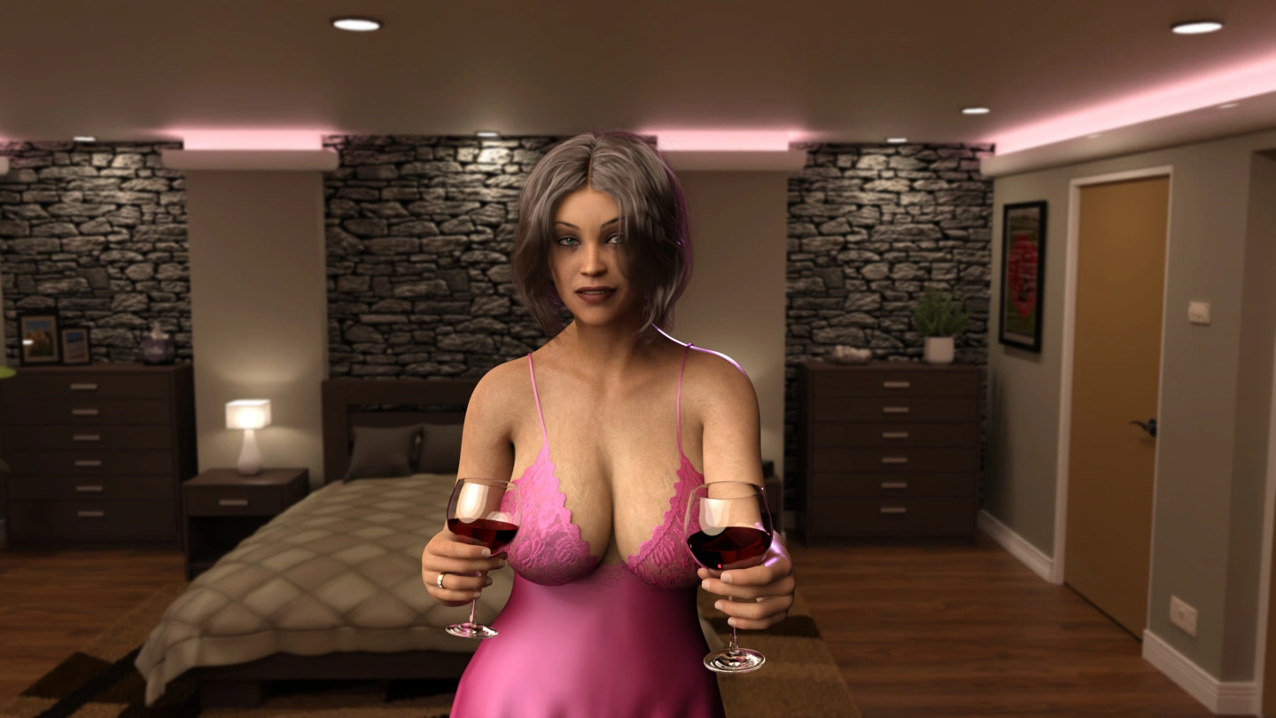 Eine reife Frau in einem rosa Nachthemd mit Spitzenbesatz bietet in einem Schlafzimmer zwei Gläser Rotwein an.