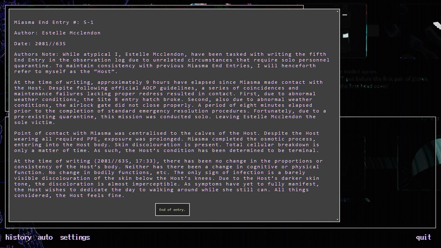 Un registro di osservazione clinica si apre sopra l'interfaccia scura a collage del gioco.