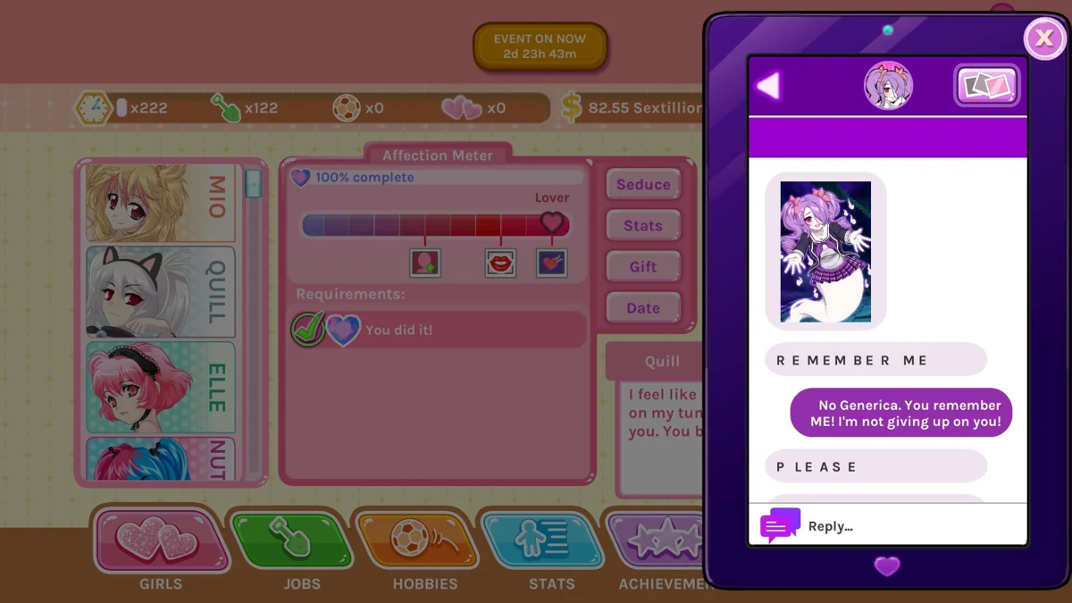 O celular do jogo abre uma mensagem sobre a tela de relacionamento.