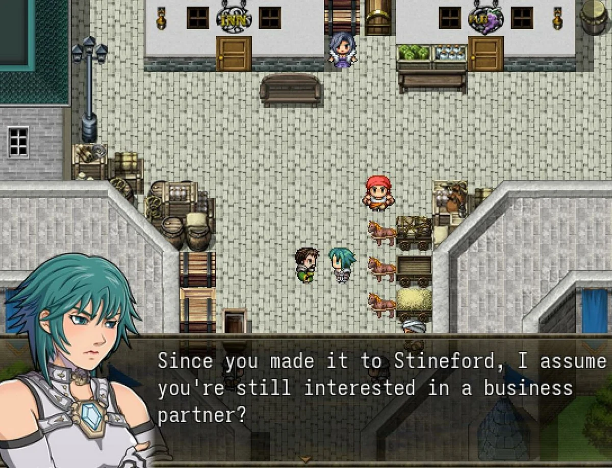 A teal-haired character discussing a business partnership in Stineford's pixel-art streets.