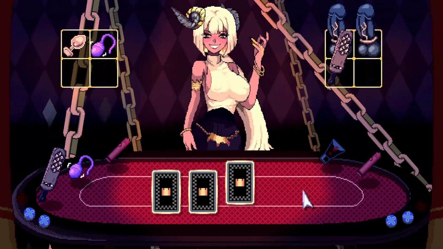 Three face-down cards lie before the horned dealer, with different item inventories on either side.
