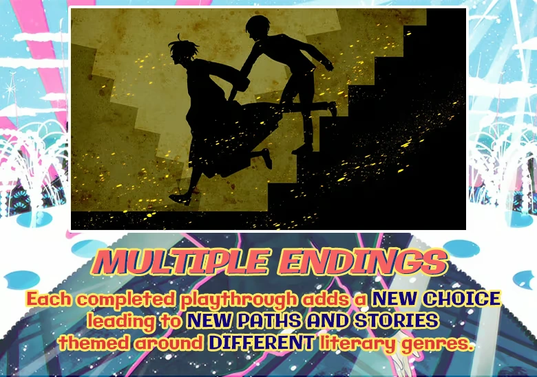 公式アート「Multiple Endings」には、服を着た二人のシルエットが階段を駆け下りる姿が描かれている。