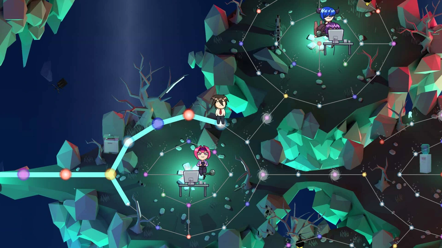 O mapa da campanha conecta pontos brilhantes e personagens de escritório em estilo chibi por uma caverna verde.