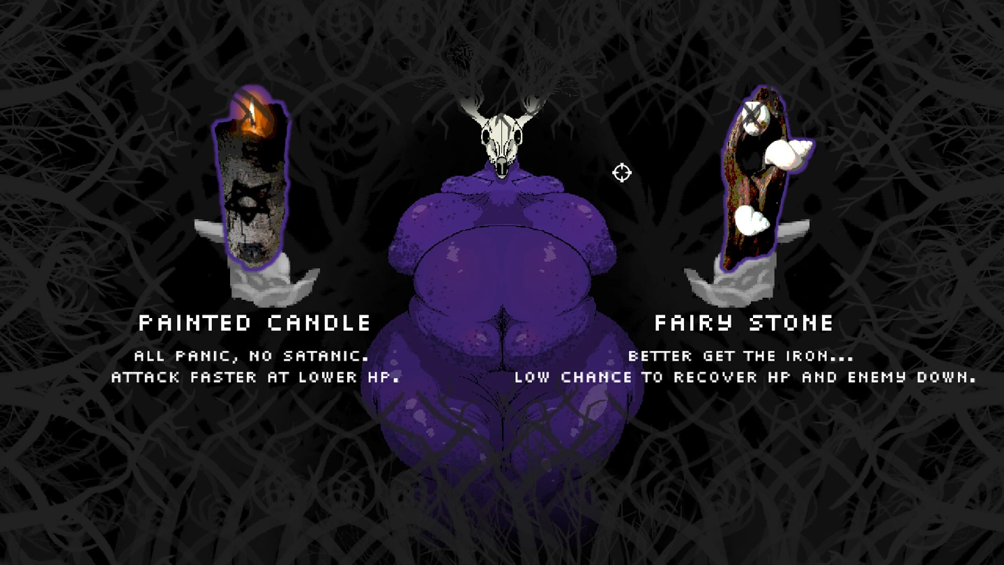 Purple-furred, skull-headed Mari between Painted Candle and Fairy Stone passive-item choices.