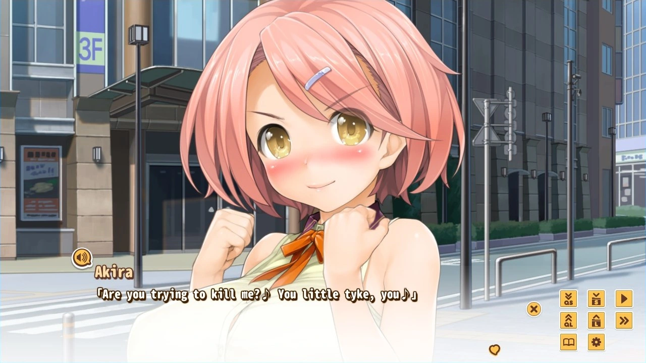Akira blushes and clenches her hands while talking on a city street.