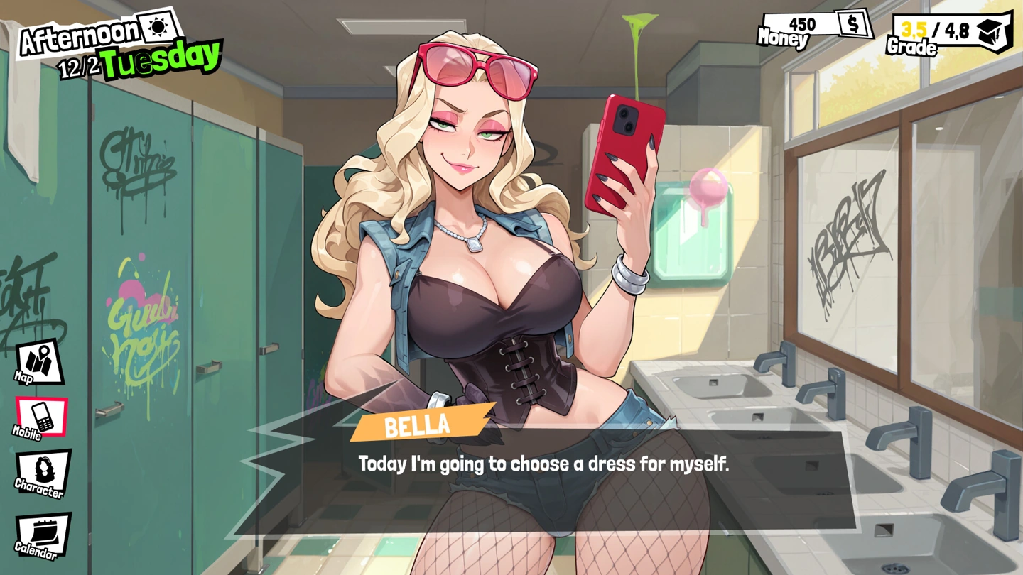 Bella in a low-cut black corset, denim vest and shorts during a campus bathroom conversation.