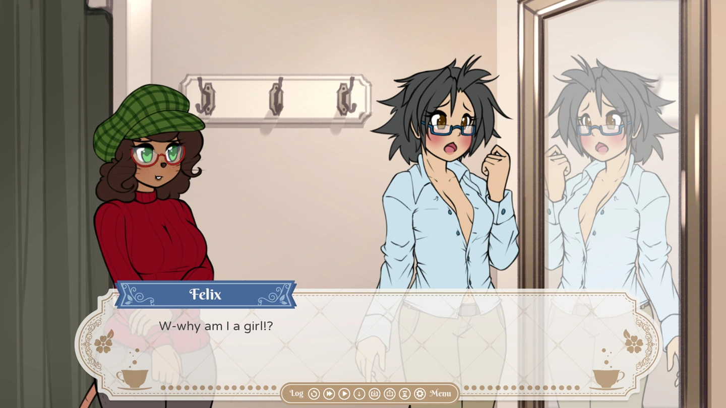 A clothed character looks into a mirror while Margaret stands nearby.