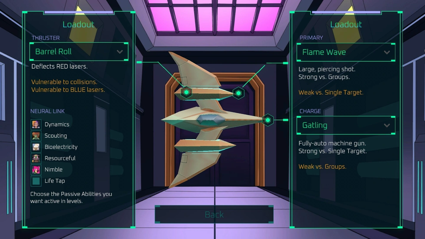 Spacecraft loadout showing Barrel Roll, Flame Wave, Gatling and neural-link abilities.