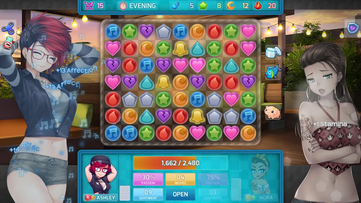 A HuniePop 2 matching board appears between Ashley in a cropped top and shorts and Nora in a red halter top.
