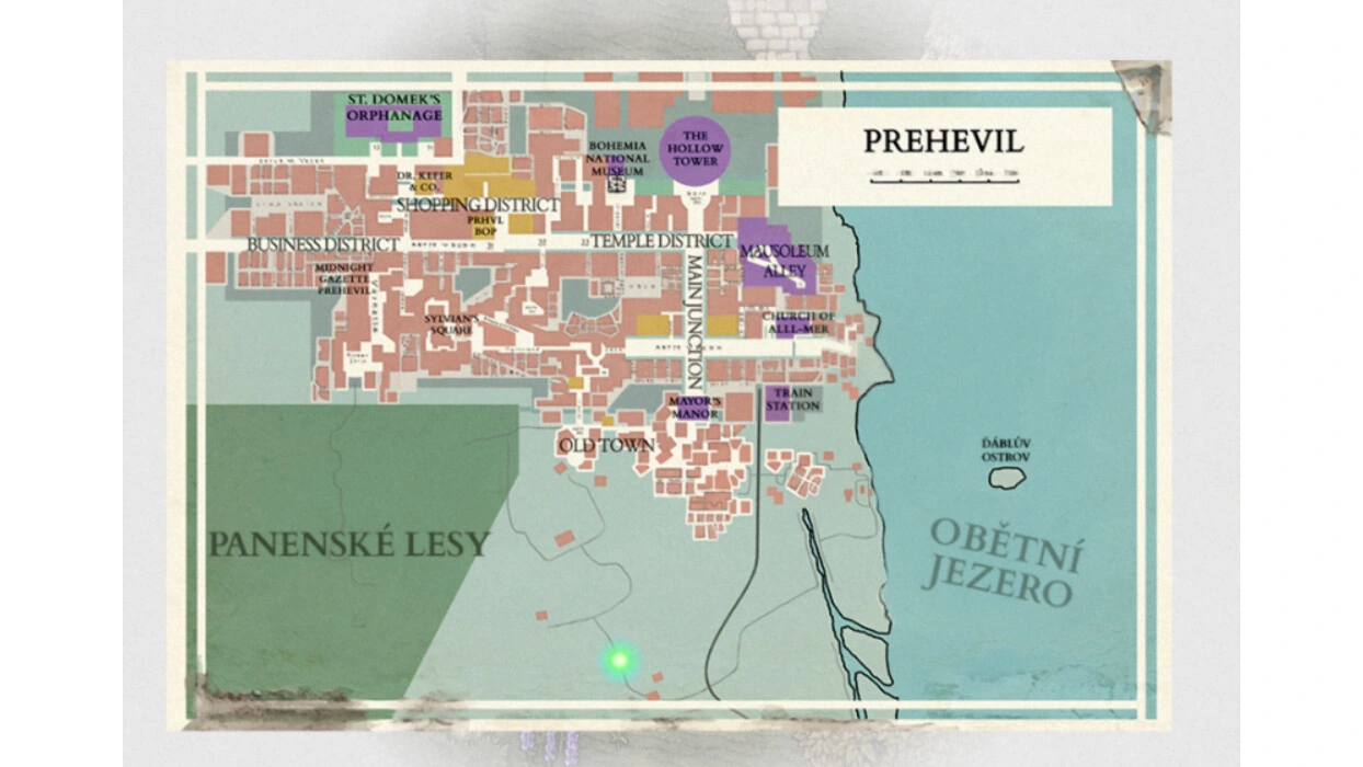 Mappa di Prehevil con i nomi dei quartieri, delle strade, della stazione ferroviaria e dei punti di riferimento.