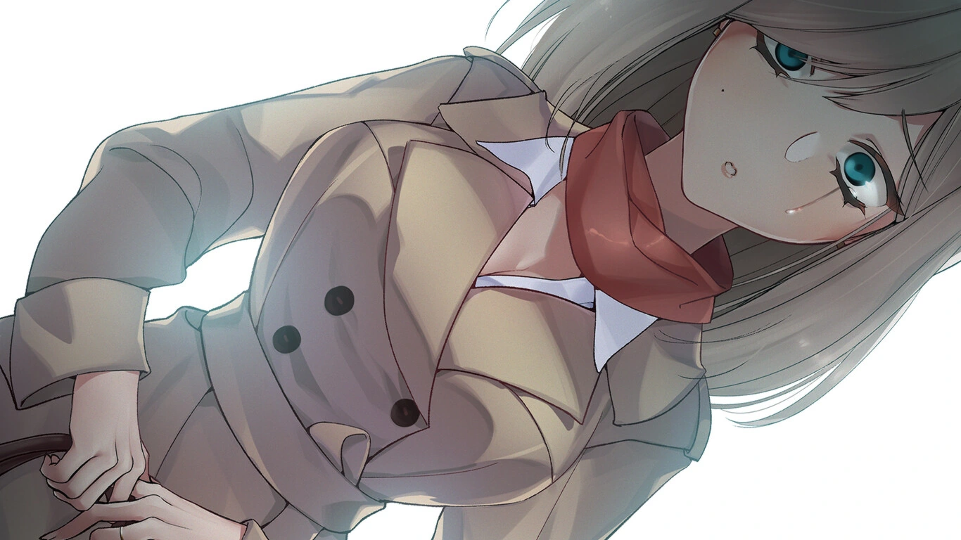 Hope indossa un cappotto beige abbottonato e una sciarpa rossa in una scena illustrata con inquadratura inclinata.