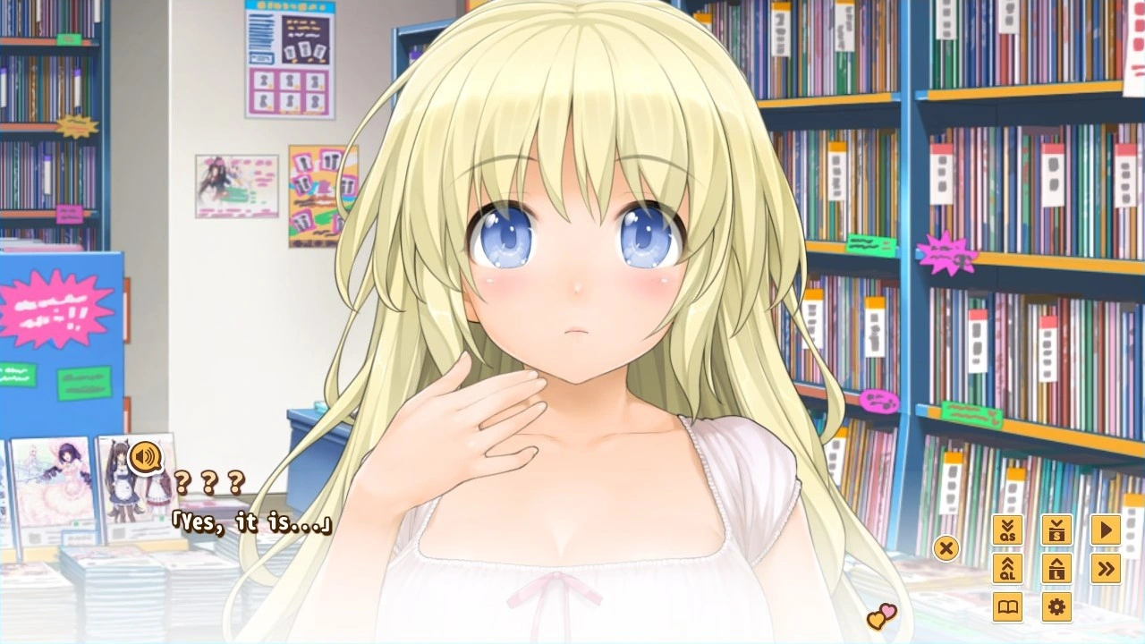 Nodoka blushes in a manga shop, with dialogue and reading controls visible.