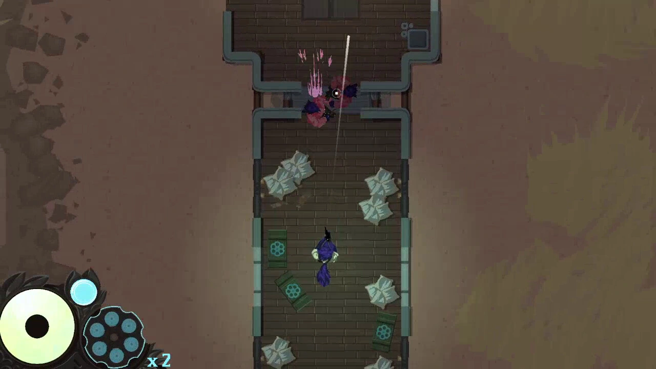 Top-down corridor gunfight with enemies, ammunition crates and a revolver cylinder indicator.