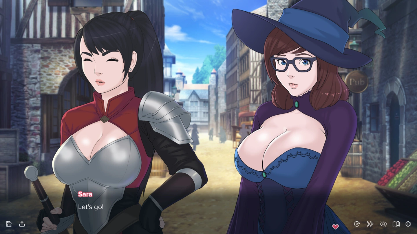 Sara in Rüstung und Satomi in einem bedeckenden Magierinnengewand auf einer Dorfstraße.